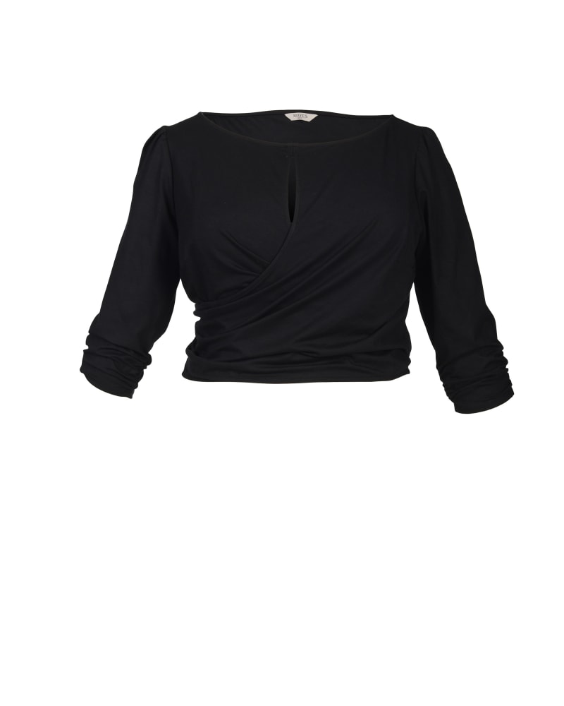 Front of a size L Tamara Keyhole Wrap Top in Black by MAYES NYC. | dia_product_style_image_id:248348